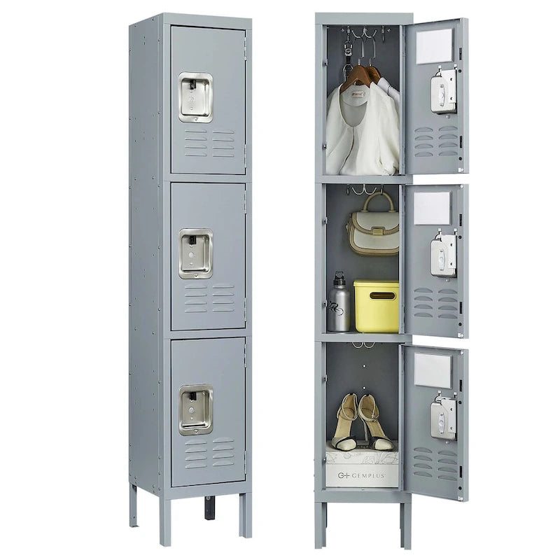Taquilla de almacenamiento metálica de 3 puertas gris – Gabinete de acero para 1 usuario