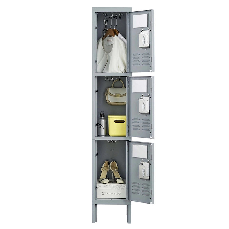 Taquilla de almacenamiento metálica de 3 puertas gris – Gabinete de acero para 1 usuario