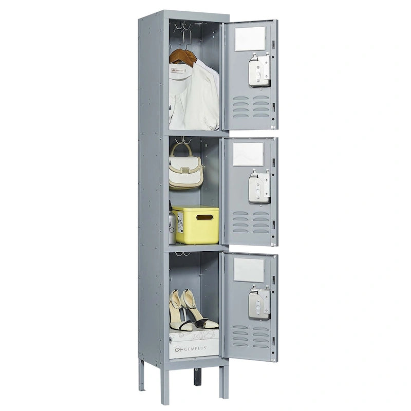 Taquilla de almacenamiento metálica de 3 puertas gris – Gabinete de acero para 1 usuario