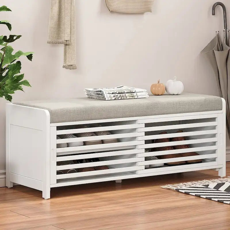 43.30 Solid Wood Storage Bench with Contemporary Distressed Blinds