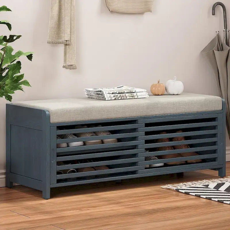 Banco de almacenamiento con puerta de persiana de 43" en gris/blanco/azul marino/espresso/blanco lavado, 1 asiento