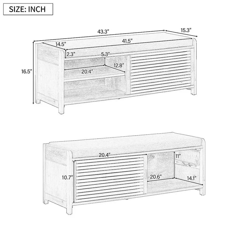 Banco de almacenamiento con puerta de persiana de 43" en gris/blanco/azul marino/espresso/blanco lavado, 1 asiento