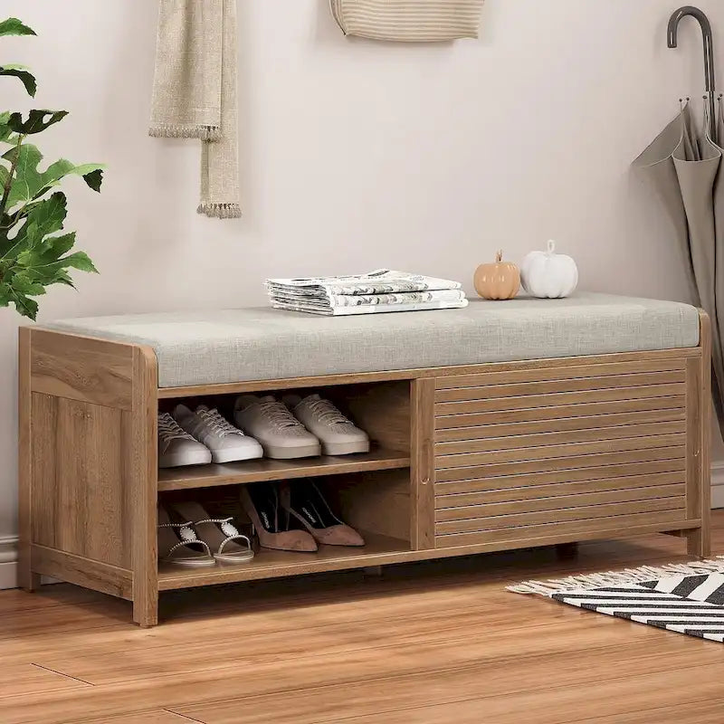 Banco de almacenamiento con puerta de persiana de 43" en gris/blanco/azul marino/espresso/blanco lavado, 1 asiento