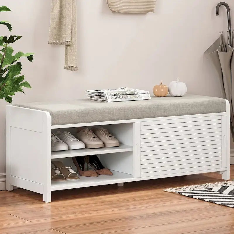 Banco de almacenamiento con puerta de persiana de 43" en gris/blanco/azul marino/espresso/blanco lavado, 1 asiento