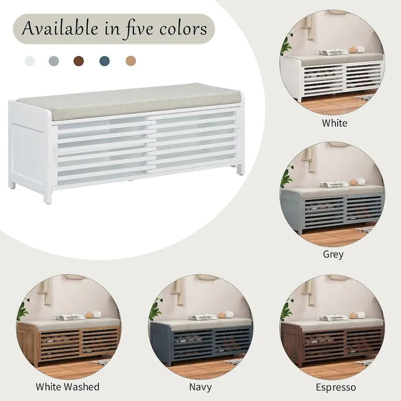 Banco de almacenamiento con puerta de persiana de 43" en gris/blanco/azul marino/espresso/blanco lavado, 1 asiento
