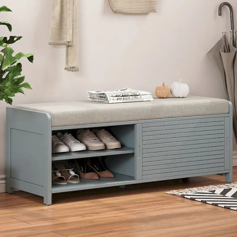 Banco de almacenamiento con puerta de persiana de 43" en gris/blanco/azul marino/espresso/blanco lavado, 1 asiento