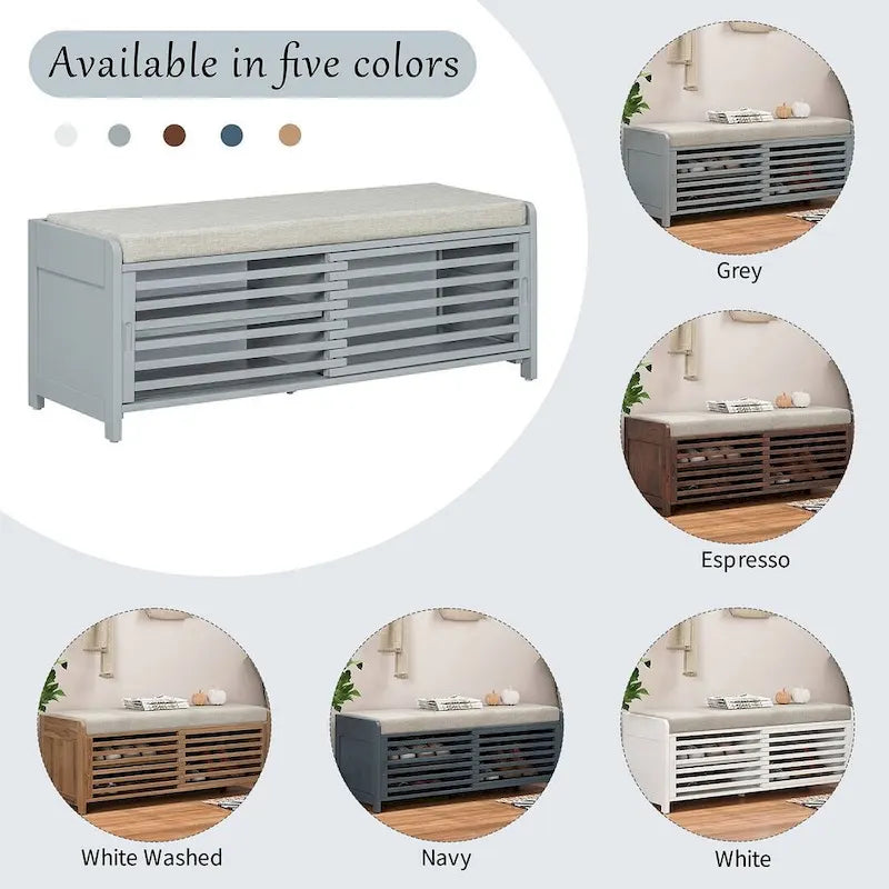 Banco de almacenamiento con puerta de persiana de 43" en gris/blanco/azul marino/espresso/blanco lavado, 1 asiento