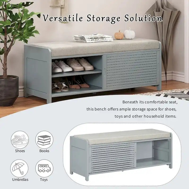 Banco de almacenamiento con puerta de persiana de 43" en gris/blanco/azul marino/espresso/blanco lavado, 1 asiento