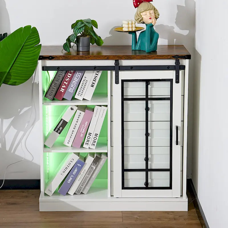 Armario de almacenamiento rústico blanco y nogal oscuro con luces LED, 5 cajones y 2 estantes, montaje para 1 persona
