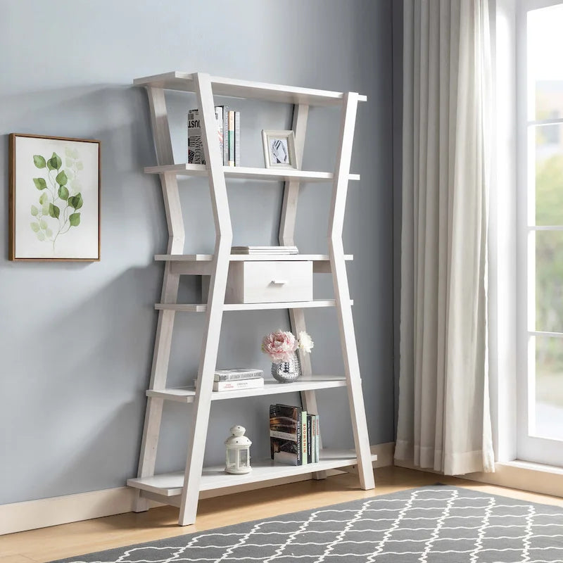 Modern Home Display Cabinet 4- Tier Open Shelving with Center Drawer for Living Room, Entryway, Bedroom