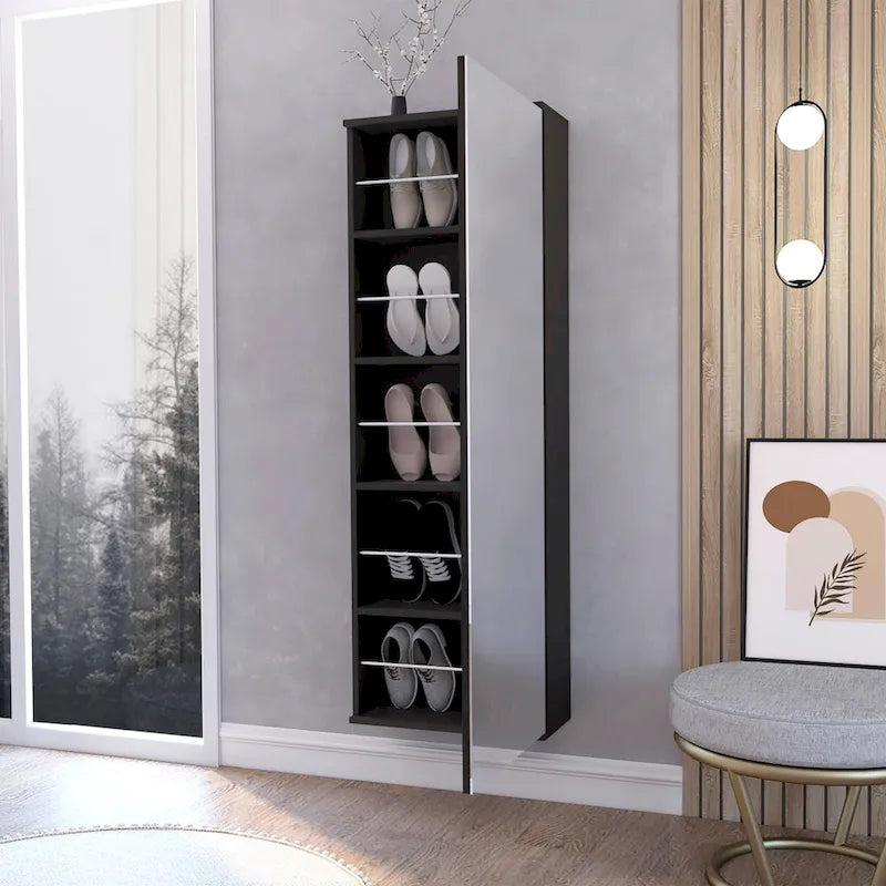 Zapatero de pared con espejo, una puerta, negro, 1 persona