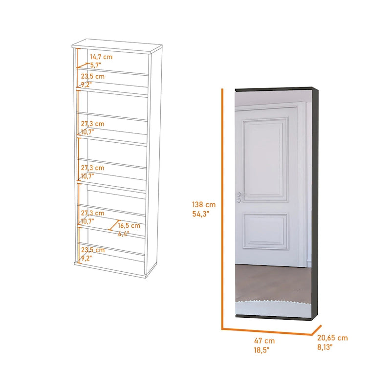Zapatero de pared con espejo, una puerta, negro, 1 persona