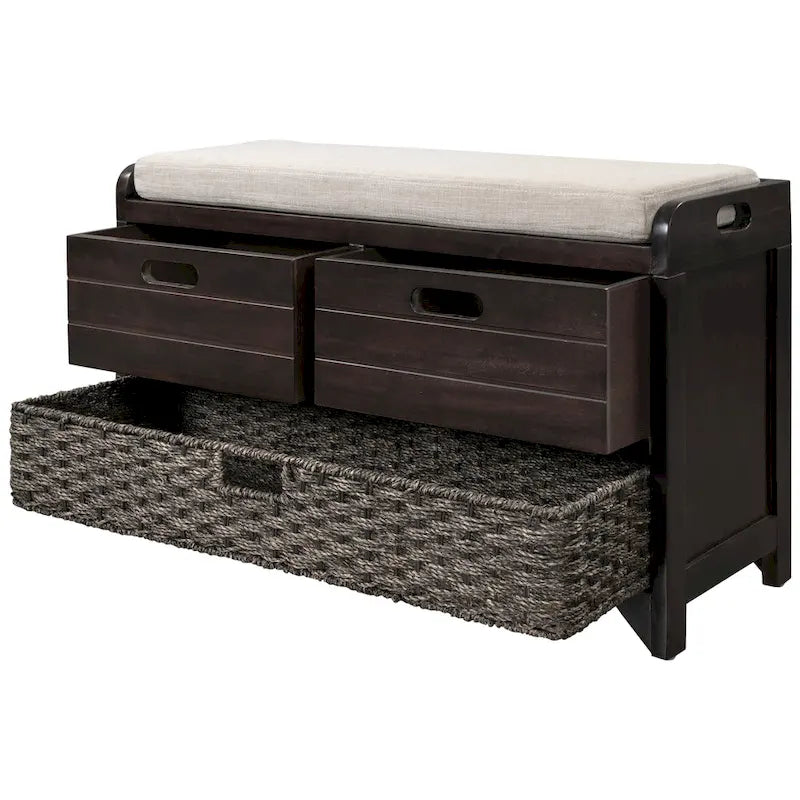 Banco de almacenamiento Blanco / Natural / Azul marino / Espresso con 2 cajones y cesta, asiento individual, cojín extraíble