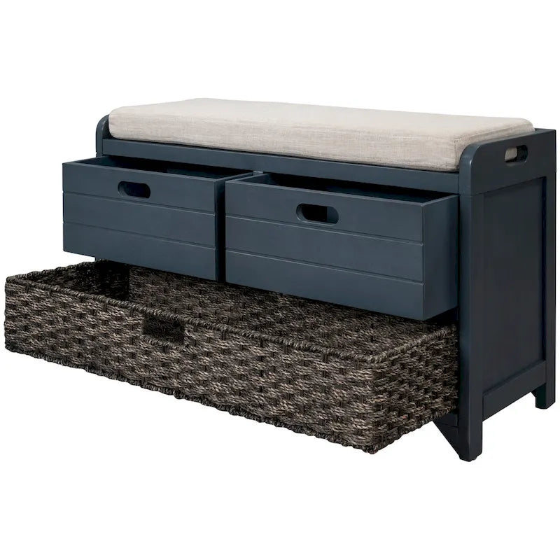 Banco de almacenamiento Blanco / Natural / Azul marino / Espresso con 2 cajones y cesta, asiento individual, cojín extraíble