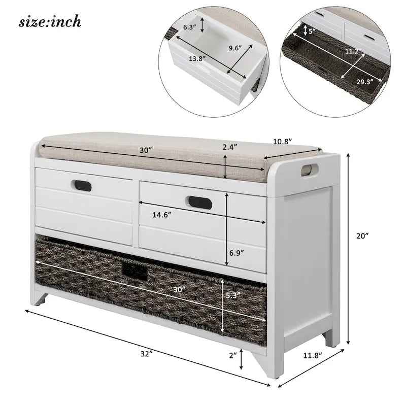 Banco de almacenamiento Blanco / Natural / Azul marino / Espresso con 2 cajones y cesta, asiento individual, cojín extraíble