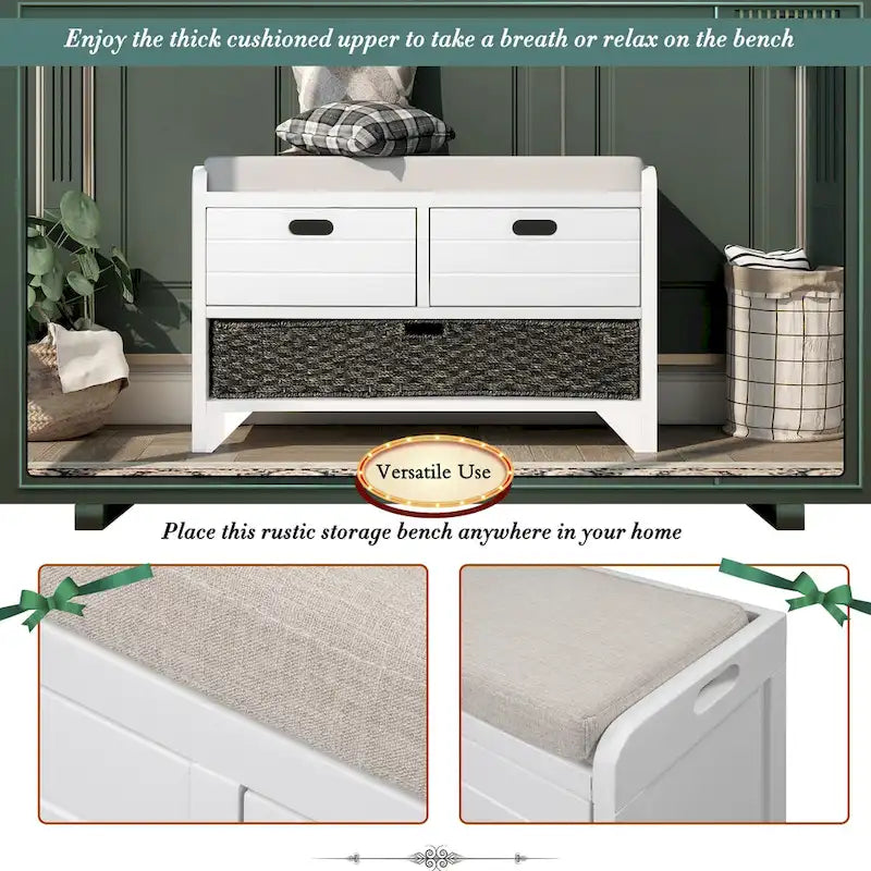 Banco de almacenamiento Blanco / Natural / Azul marino / Espresso con 2 cajones y cesta, asiento individual, cojín extraíble