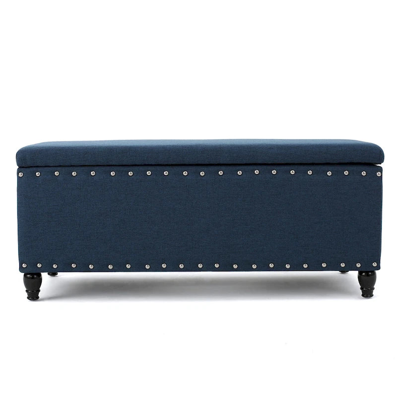 Banco otomano de almacenamiento azul marino y marrón con adorno de tachuelas, 1 asiento, 42"