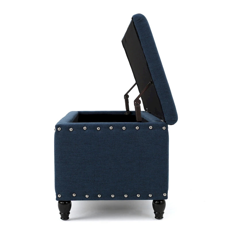 Banco otomano de almacenamiento azul marino y marrón con adorno de tachuelas, 1 asiento, 42"