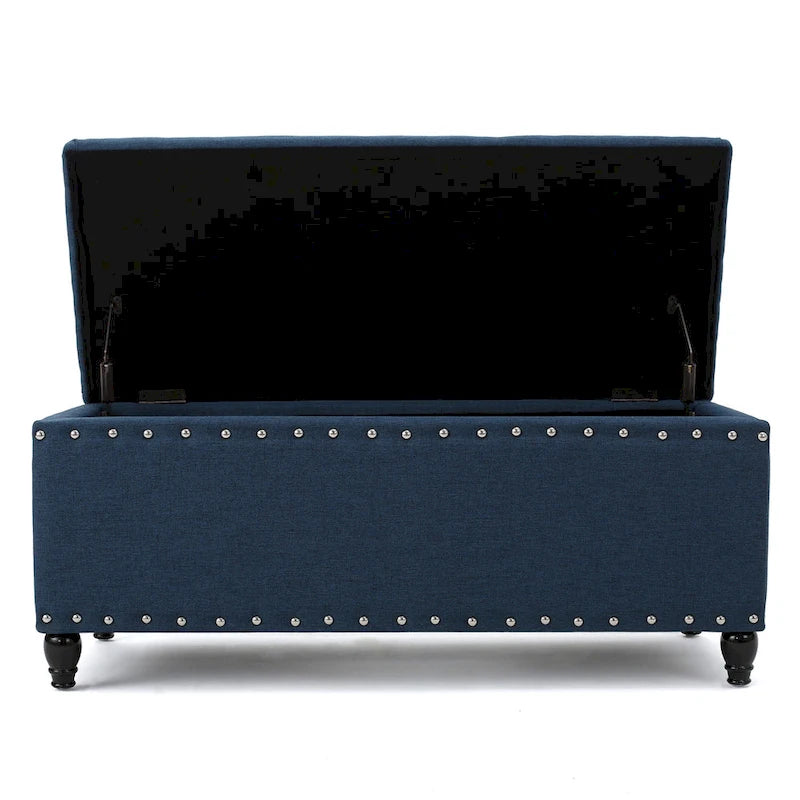 Banco otomano de almacenamiento azul marino y marrón con adorno de tachuelas, 1 asiento, 42"