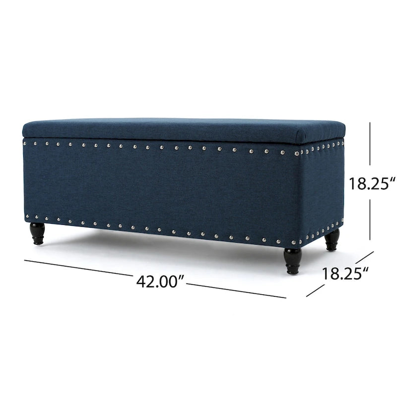 Banco otomano de almacenamiento azul marino y marrón con adorno de tachuelas, 1 asiento, 42"