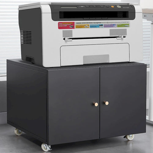 Black cabinet with 2 door and a sturdy steel printer stand