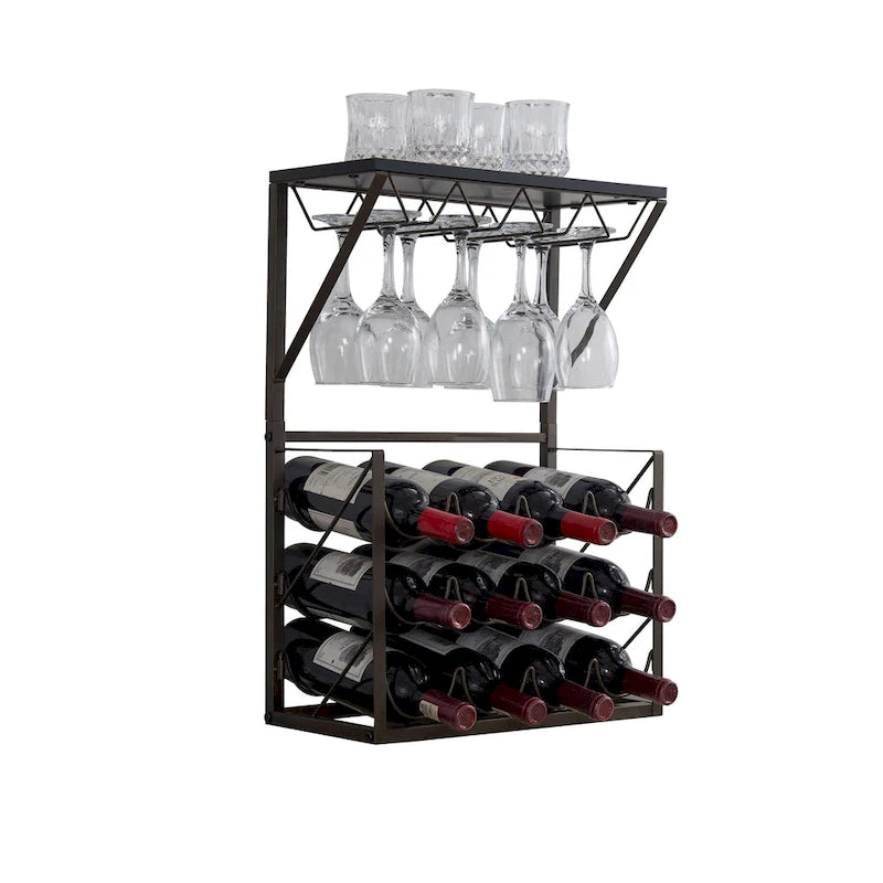 Botellero de encimera de peltre con soporte para copas, con capacidad para 12 botellas
