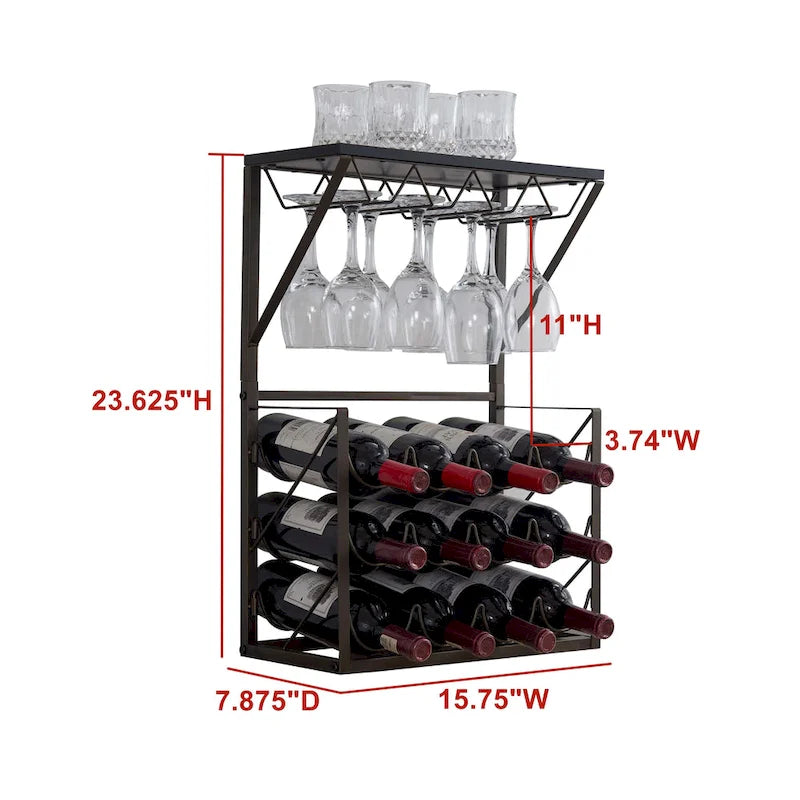 Botellero de encimera de peltre con soporte para copas, con capacidad para 12 botellas