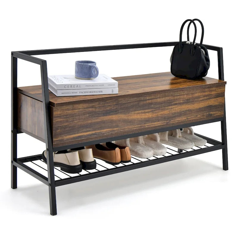 Banco para Zapatos Industrial Rústico Marrón con Almacenamiento Oculto – 1 Asiento