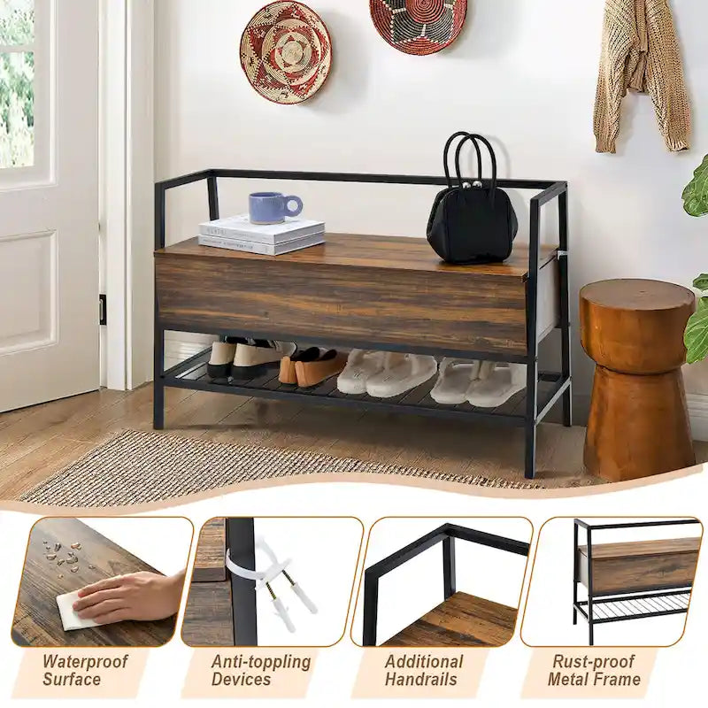 Banco para Zapatos Industrial Rústico Marrón con Almacenamiento Oculto – 1 Asiento