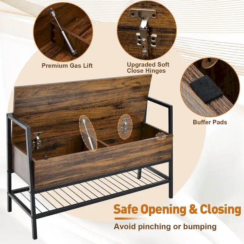 Banco para Zapatos Industrial Rústico Marrón con Almacenamiento Oculto – 1 Asiento