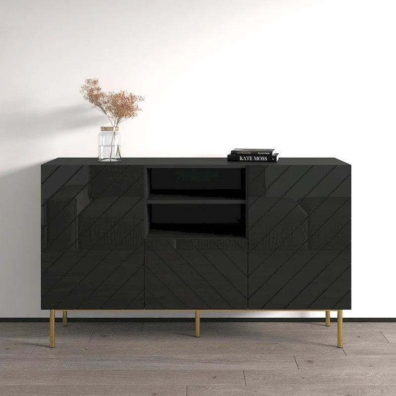 Aparador de alto brillo, blanco/negro, aparador moderno, 150 cm de ancho