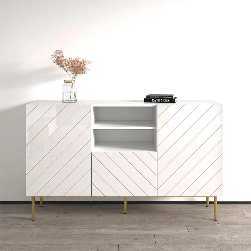 Aparador de alto brillo, blanco/negro, aparador moderno, 150 cm de ancho