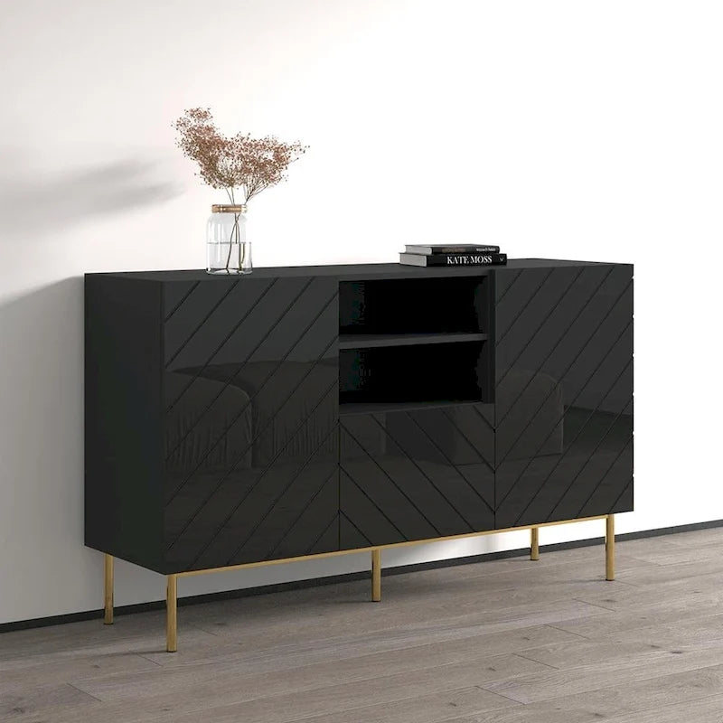 Aparador de alto brillo, blanco/negro, aparador moderno, 150 cm de ancho