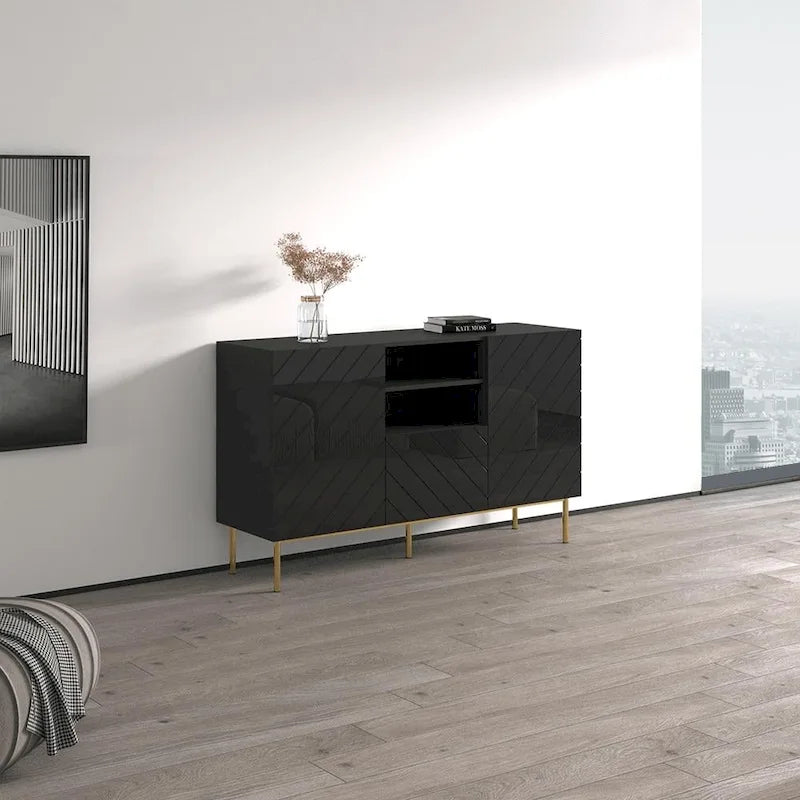 Aparador de alto brillo, blanco/negro, aparador moderno, 150 cm de ancho