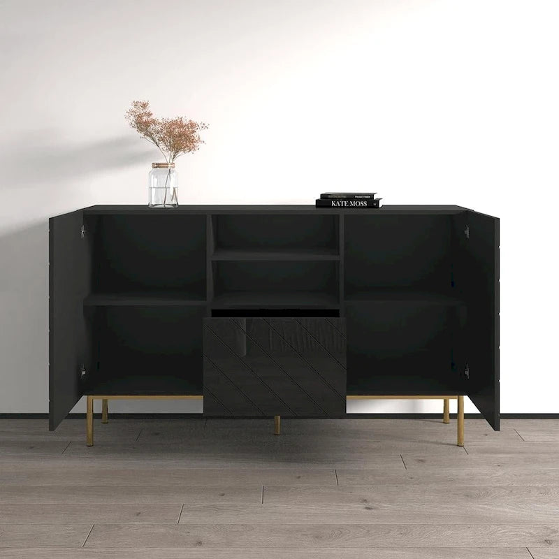 Aparador de alto brillo, blanco/negro, aparador moderno, 150 cm de ancho