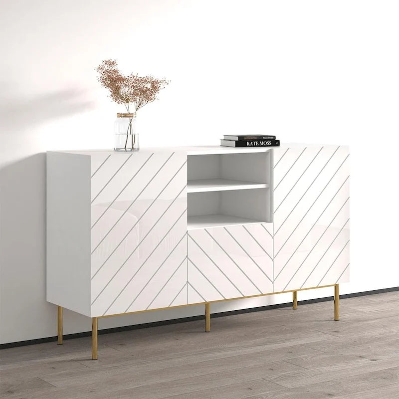 Aparador de alto brillo, blanco/negro, aparador moderno, 150 cm de ancho