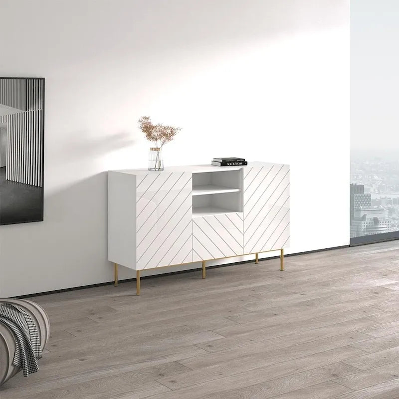 Aparador de alto brillo, blanco/negro, aparador moderno, 150 cm de ancho