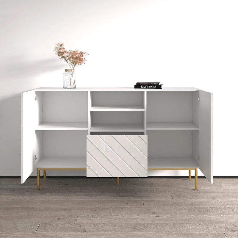 Aparador de alto brillo, blanco/negro, aparador moderno, 150 cm de ancho