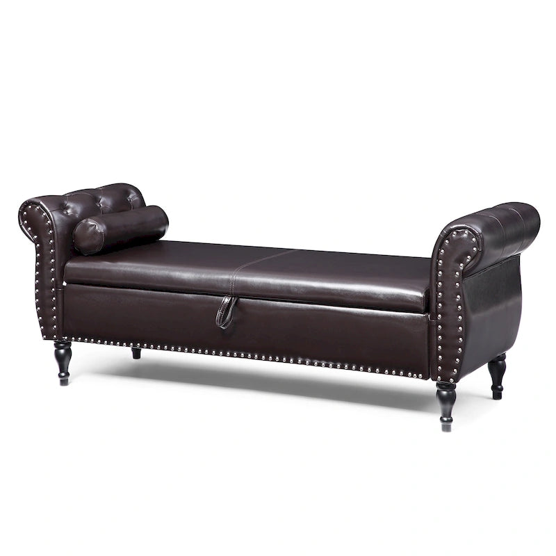 Baúl de almacenamiento de cuero sintético de 63", marrón oscuro / negro, capitoné, capacidad para 2 personas