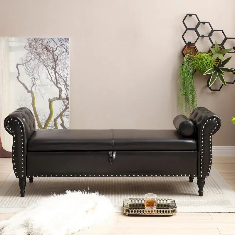Baúl de almacenamiento de cuero sintético de 63", marrón oscuro / negro, capitoné, capacidad para 2 personas