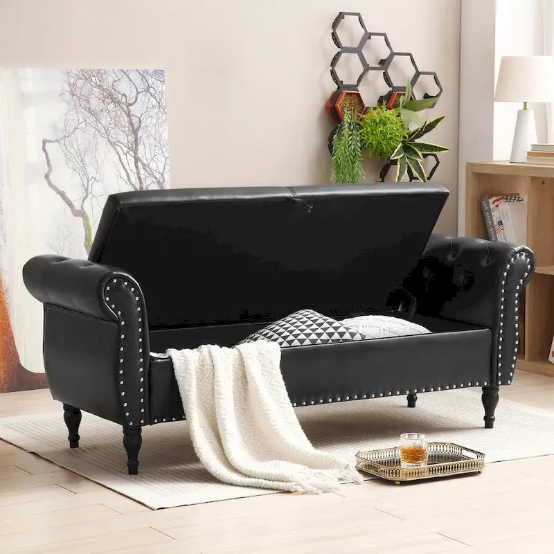 Baúl de almacenamiento de cuero sintético de 63", marrón oscuro / negro, capitoné, capacidad para 2 personas