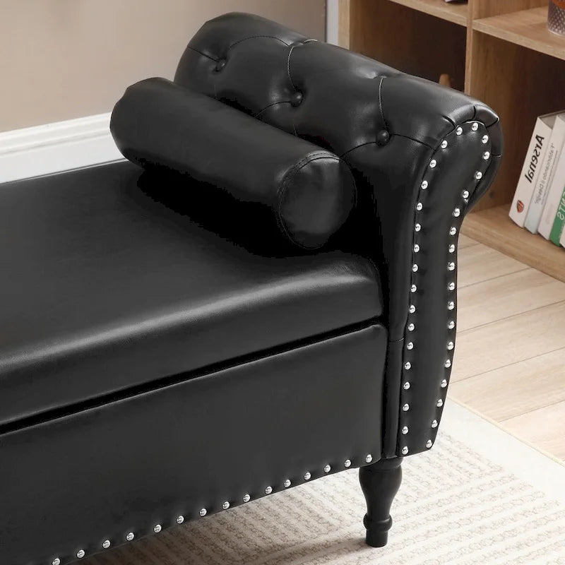 Baúl de almacenamiento de cuero sintético de 63", marrón oscuro / negro, capitoné, capacidad para 2 personas