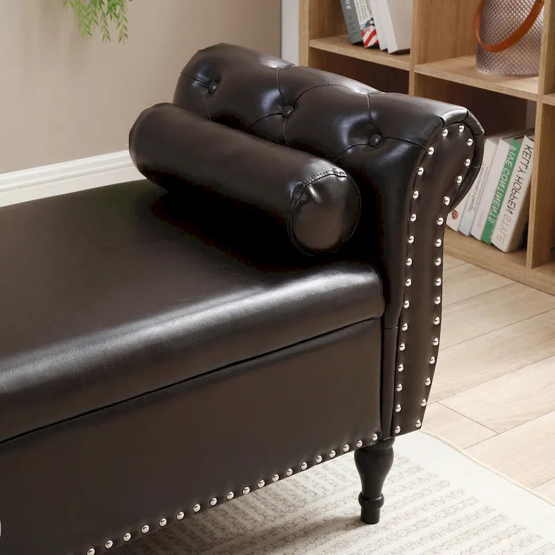 Baúl de almacenamiento de cuero sintético de 63", marrón oscuro / negro, capitoné, capacidad para 2 personas