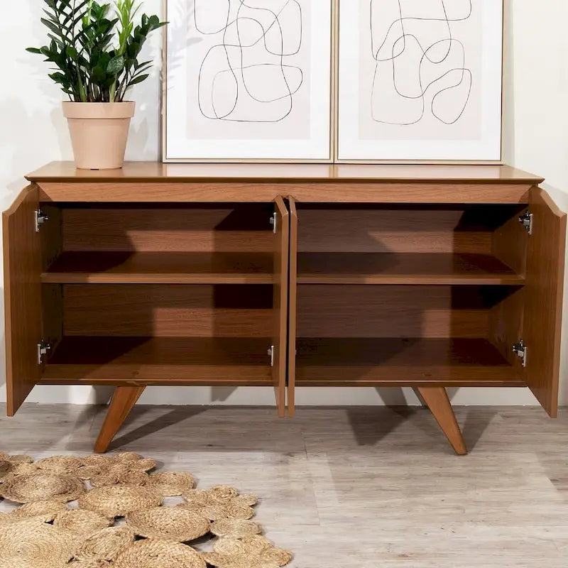 Aparador moderno de mediados de siglo – Blanco mate / Negro / Crema de arce, 4 puertas