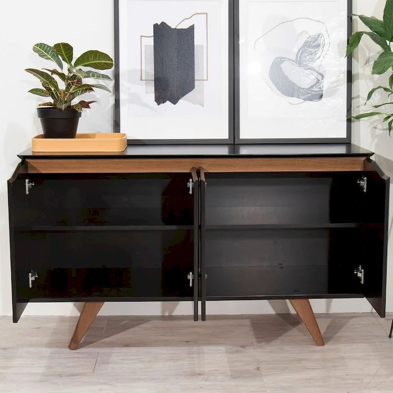Aparador moderno de mediados de siglo – Blanco mate / Negro / Crema de arce, 4 puertas