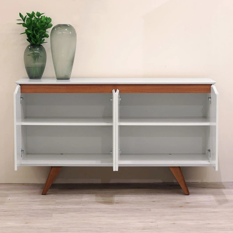 Aparador moderno de mediados de siglo – Blanco mate / Negro / Crema de arce, 4 puertas