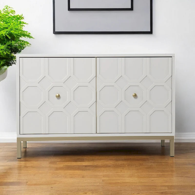 Aparador de Madera Blanca Tallado Geométricamente – 2 Puertas