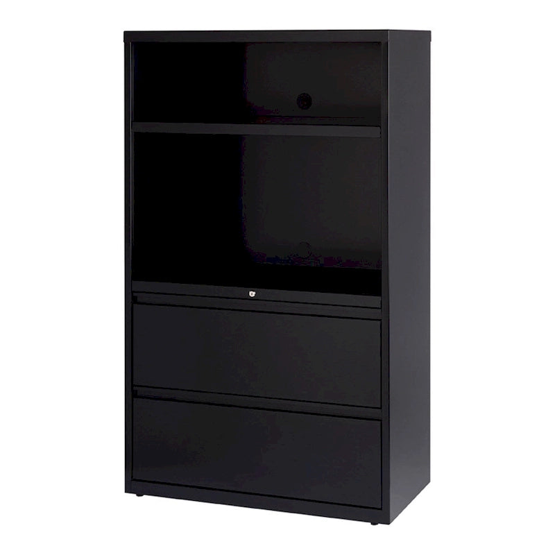 Archivador lateral de acero negro con cerradura – 2 cajones y 2 estantes, para 2 usuarios