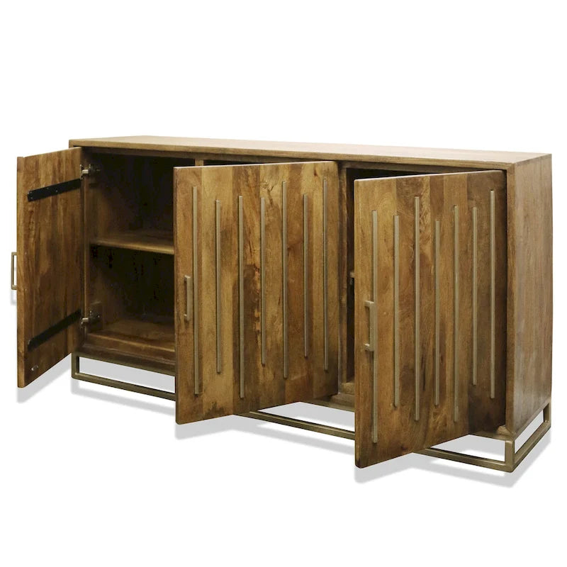 Aparador de tres puertas nogal marrón y latón – 1 asiento, madera de mango