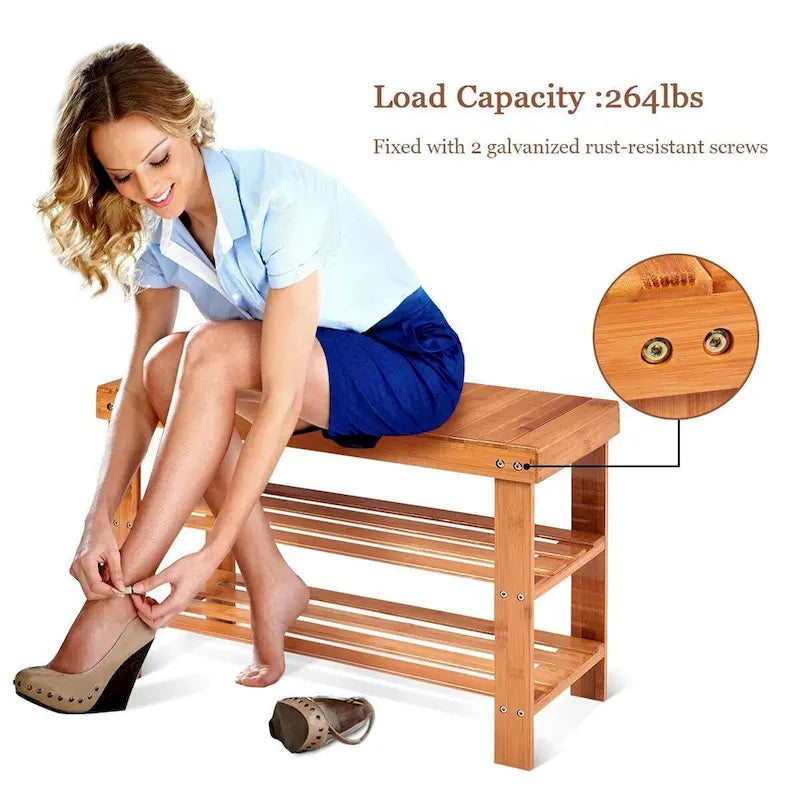 Banco Zapatero de Bambú de 2 Niveles – Natural / Negro / Blanco, 1 asiento